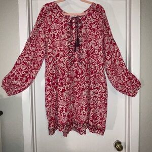 NWT EASEL  Fuchsia /White Tunic Floral Aztec Embroidered Long Bell Sleeve Dress